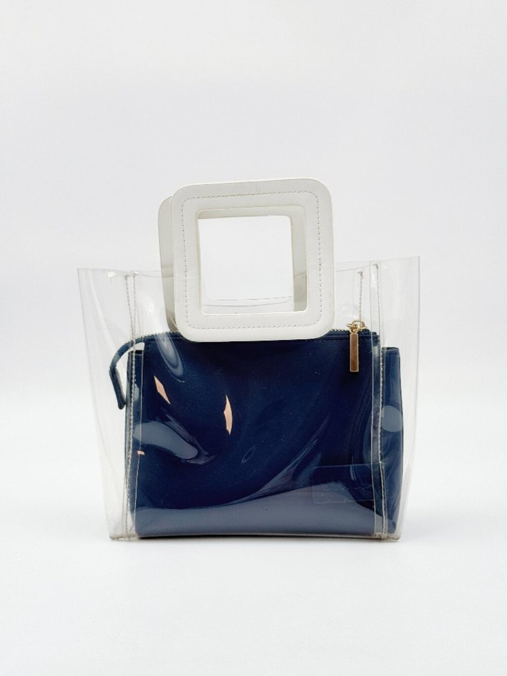 STAUD Clear PVC Mini Tote Bag Navy Blue White Square Handle Handbag